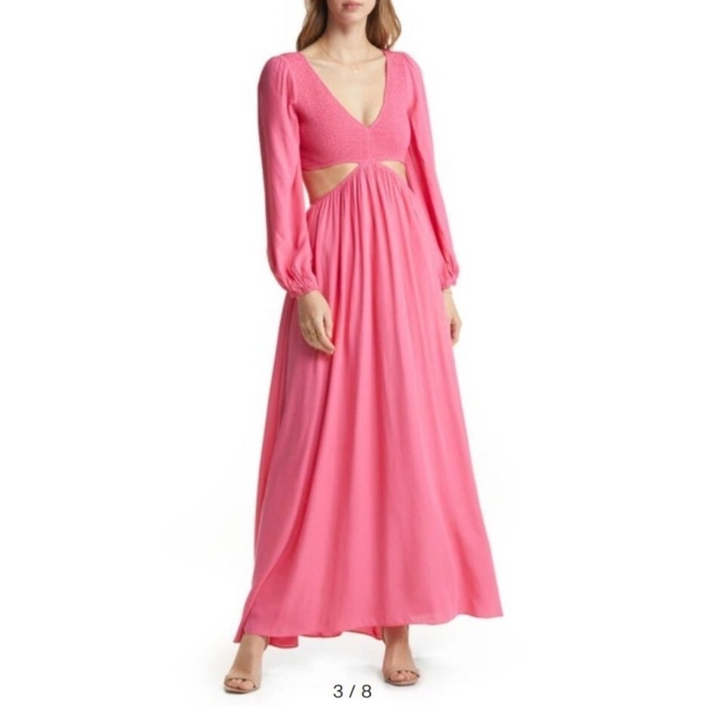 VICI Smocked Cutout Long Sleeve Maxi Dress In Hot Pink Size Small